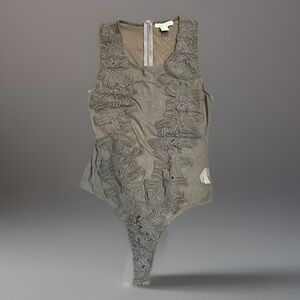 MIND CODE Gray sz L Sexy Mesh Floral Embroidered Sleeveless Bodysuit Unitard Top